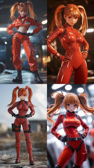 明日香(式波·明日香·兰格雷)身穿全覆盖式红色战斗服，橙红渐变双马尾随风扬起，双手叉腰俯视镜头，嘴角微扬+挑衅眼神，3d动漫手办风格，高精度塑料质感，柔和顶光与虚化背景，