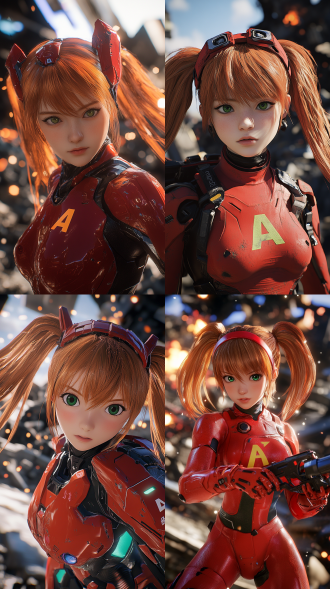 明日香（asuka langley soryu），红色战斗服，橙红色双马尾，傲娇表情，发饰（带字母a的红色发箍），绿色瞳孔，机甲元素，e未来都市废墟，爆炸特效，at力场光晕，手持操作手柄，动态模糊