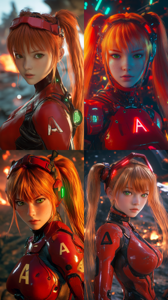 明日香（asuka langley soryu），红色战斗服，橙红色双马尾，傲娇表情，发饰（带字母a的红色发箍），绿色瞳孔，赛博朋克霓虹灯，蒸汽朋克齿轮机械，浮空岛屿，全息投影界面，8k分辨率，超精细细节，octane渲染，景深效果，电影级打光，皮肤纹理通透真人比例明日香，皮革材质战斗服反光，发丝根根分明，侧逆光勾勒面部轮廓，背景为熔岩喷发的末日场景，烟雾粒子特效，照片级超现实主义