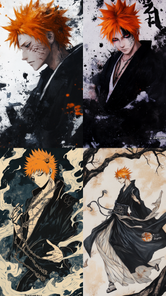 黑崎一护（kurosaki ichigo），橙色刺猬头，死神黑色长袍，斩魄刀「斩月」（始解/卍解形态），虚化面具碎片，锁结与魄睡链饰，战斗伤痕