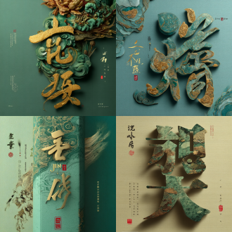 字体设计，主体部分是一个由和田玉镶嵌的黄金祥云纹理构成3d立体字“金枝玉叶”，立体字正立在背景上，颜色主要为玉石颜色搭配一点金色装饰，装饰多镶嵌在文字的边缘，搭配祥云纹理，呈现出高级感与奢侈感，暗示金镶玉产品的高贵属性。细节丰富，质感优越， 背景是纯色宣纸背景，宣纸上零星散落着几笔草书的飞白笔画墨迹，哑光质感，突出主体