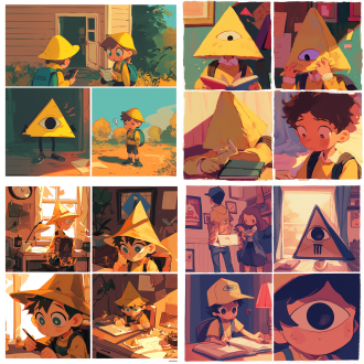 我要做四宫格漫画，第一格里有一个带黄帽的男孩和一个长眼睛鼻子的三角形小人和一个上面是三角形下面是正方形的房子形的小人在谈话，第二格里有一个带黄帽的男孩拿着一个本子和一个长眼睛鼻子的三角形小人和一个上面是三角形下面是正方形的房子形的小人在谈话，第三格里有一个带黄帽的男孩和一个长眼睛鼻子的三角形小人和一个上面是三角形下面是正方形的房子形的小人仿佛在盯着一个东西，第四格里有一个带黄帽的男孩和一个长眼睛鼻子的三角形小人和一个上面是三角形下面是正方形的房子形的小人都站着向前看