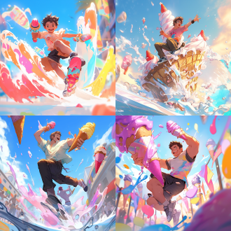 夏日冰淇淋喷泉，竖版构图，疯狂氛围，肌肉线条明显男孩踩滑板，超越现实，周边景物稍多，高饱和色彩，动态模糊，广角镜头，逆光，快速运动，夸张透视，活力四射。