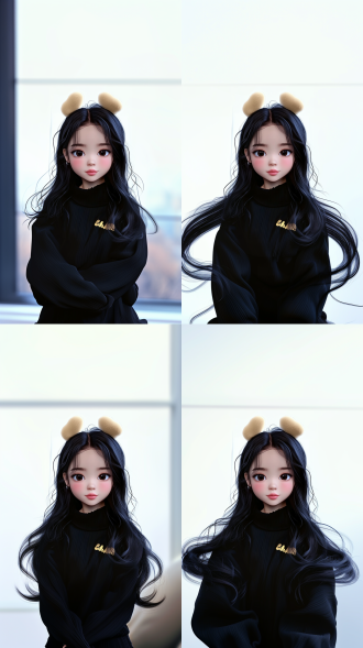 卡通黑长发女孩，半身照，头超大，表情可爱夸张，暖光，色调柔和，oc渲染，8k，高分辨率，3d建模，chibi风格，可爱简洁。