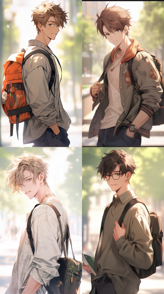 男大学生，半身像，校园背景，自然光，微笑，休闲装，青春活力，浅色调，柔和光线，中焦镜头，清晰焦点，自信，阳光。