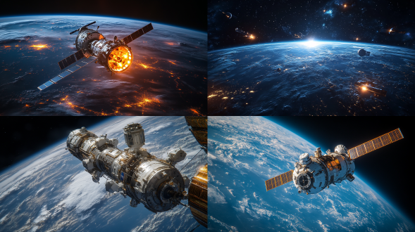 in the background of pitch-black darkness, the universe features multiple space orbits, low earth orbit, space stations, grandeur, technology, and a telephoto lens.超高清4k