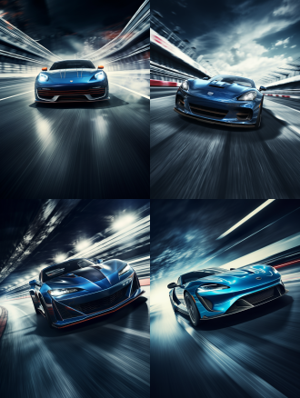 蓝色跑车，赛道过弯超车，电影质感，高分辨率，暗黑风格，平视视角，冲击力强，高速运动，广角镜头，动态模糊，暗色调，紧张刺激，金属光泽，速度感。