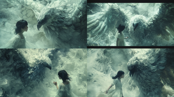 ethereal girl with luminescent transparency clinging to a giant albino phoenix in mid-flight, aerial view of mist-shrouded medieval villages below, ominous grey skies with swirling cloud formations, surreal fantasy style with iridescent accents, muted cool-toned palette of pearl and slate, dramatic chiaroscuro lighting, hyper-detailed textures on feathers and translucent skin, cinematic composition with depth of field