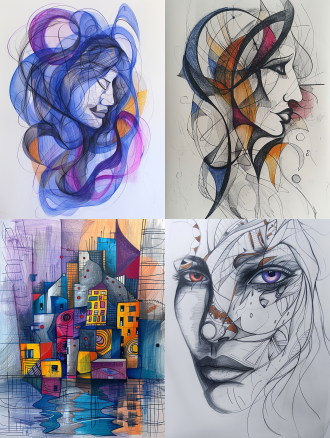 保留原图形状和风格，渲染成神秘抽象风格的油画，配色以藏青色、湖蓝色、淡粉色、淡紫色和金色线条为主，加重手绘笔触，瑕疵质感。