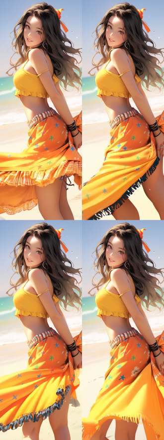 中国美女海滩比基尼，金色沙滩，碧海蓝天，明媚笑容，鲜艳比基尼，长发飘逸，侧身远望，自然光，广角镜头，色彩饱和，轻松愉悦，夏日风情。