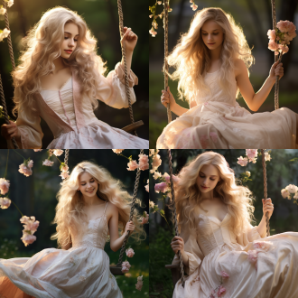 古装女孩，白色长发，金色发钗，粉色花朵，鹅黄衣服，花园秋千，柔和光线，中景镜头，自然环境，细腻肌肤，微笑表情，轻盈动作，淡雅色彩，宁静氛围，长焦镜头，逆光，慢快门，细腻质感，温馨情感。