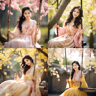 中国古装女孩，黑色长发，金色发钗，粉色花朵，鹅黄衣服，宫廷花园，荡秋千，柔和光线，中景镜头，自然环境，细腻肌肤，微笑表情，轻盈动作，淡雅色彩，宁静氛围，长焦镜头，逆光，慢快门，细腻质感，温馨情感。