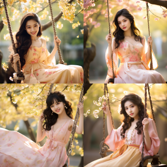 中国古装女孩，金色发钗，黑色头发，粉色花朵，鹅黄衣服，宫廷花园，荡秋千，柔和光线，中景镜头，自然环境，细腻肌肤，微笑表情，轻盈动作，淡雅色彩，宁静氛围，长焦镜头，逆光，慢快门，细腻质感，温馨情感。
