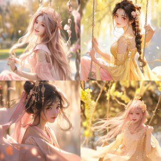 中国古装女孩，金色发钗流苏，粉色头花，鹅黄衣服，宫廷花园，秋千，柔和光线，中景镜头，自然环境，细腻肌肤，微笑表情，轻盈动作，淡雅色彩，宁静氛围，长焦镜头，逆光，慢快门，细腻质感，温馨情感。