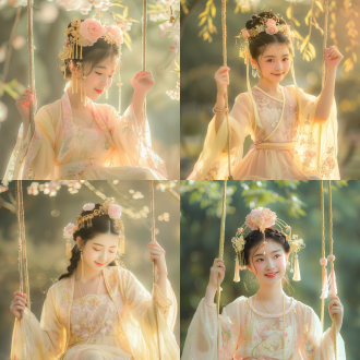 中国古装女孩，金色发钗流苏，粉色头花，鹅黄衣服，宫廷花园，荡秋千，柔和光线，中景镜头，自然环境，细腻肌肤，微笑表情，轻盈动作，淡雅色彩，宁静氛围，长焦镜头，逆光，慢快门，细腻质感，温馨情感。