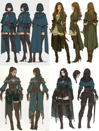 三视图，白色背景，细节丰富，二十岁女性，刺客职业，深绿色调，长筒靴，中世纪风格，航海主题，高分辨率，清晰线条，自然光，正面侧面背面，专业模特，冷色调，神秘感。