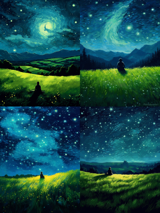 一个人孤独的人，坐在草原的山坡上，夜晚，漫天星光，梵高风格，星空，梵高风格画风，忧郁的蓝色为主色调，绿油油的草原，高清，高分辨率，丰富的细节，精细的画面表现。