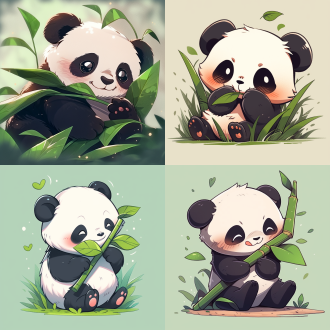 熊猫吃竹子，动漫风格，爱心型瞳孔，生气撒娇，卖萌害羞，叹气表情，明亮色彩，柔和光线，卡通化，温馨场景，夸张动作，可爱氛围。