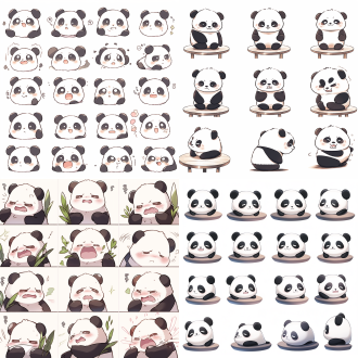 熊猫表情表，16个表情，动态姿势，白色背景，高分辨率，正面视角，自然光，柔和色调，广角镜头，表情丰富，动作多样，生动活泼。