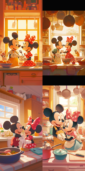 米老鼠和米妮，开放式厨房，左米老鼠右米妮，手握厨具，微笑，背景瓶瓶罐罐，彩色，卡通风格，正面，自然光线，欢乐，对称构图，高饱和度，室内，标准镜头，柔和侧光，动态捕捉，温馨，明亮。 迪士尼