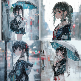 二次元美少女 极简主义 照片写实 雨天背景 黑白 自然照明 午夜 黄昏 库沙特 中式赛博 全身角色 裙子 悲伤 哭 日本版画