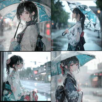 二次元美少女，悲伤， 雨天背景，穿 裙子 极简主义 照片写实 雨天背景 黑白 自然照明 午夜 黄昏 库沙特 中式赛博 全身角色 裙子 悲伤 哭 日本版画