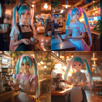 初音未来，蓝色粉色渐变头发，女仆裙，端咖啡，温馨咖啡厅，柔和光线，长焦镜头，浅景深，微笑，优雅，粉蓝渐变，温馨氛围。