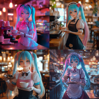 初音未来，蓝色粉色渐变头发，女仆裙，端咖啡，温馨咖啡厅，柔和光线，长焦镜头，浅景深，微笑，优雅，粉蓝渐变，温馨氛围。