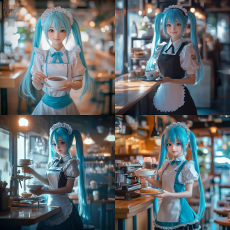初音未来，蓝色头发，女仆裙，端咖啡，温馨咖啡厅，柔和光线，长焦镜头，浅景深，微笑，优雅，粉蓝渐变，温馨氛围。