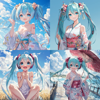 q版ip形象，初音未来，可爱日漫，微笑的表情，高清壁纸，二次元 日本版画 白 浅蓝 天蓝 柔粉 库沙特 自然照明 多姿势角色 角色扮演 耳后发