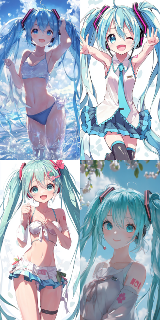 q版ip形象，初音未来，可爱日漫，微笑的表情，高清壁纸，二次元 日本版画 白 浅蓝 天蓝 柔粉 库沙特 自然照明 多姿势角色 角色扮演 耳后发