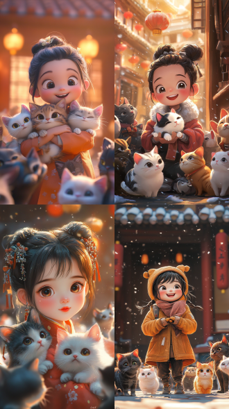 版ip形象，可爱的卡通人物，周围猫咪，可爱的表情，温暖的氛围，5k，高清壁纸，卡通风格的插图，居中构图，鲜艳的色彩，丰富的细节，动作捕捉，柔和的灯光，欢乐的场景，卡通风格，极简主义，迪士尼 照片写实 低角度 日落渐变 黄昏 中式赛博 故宫