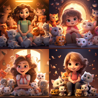 q版ip形象，可爱的卡通人物，周围猫咪，可爱的表情，温暖的氛围，3d渲染，5k，高清壁纸，卡通风格的插图，戏剧中的构图，鲜艳的色彩，丰富的细节，动作捕捉，柔和的灯光，欢乐的场景，卡通风格，极简主义，迪士尼