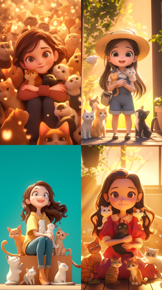 q版ip形象，可爱的卡通人物，周围猫咪，可爱的表情，温暖的氛围，3d渲染，5k，高清壁纸，卡通风格的插图，戏剧中的构图，鲜艳的色彩，丰富的细节，动作捕捉，柔和的灯光，欢乐的场景，卡通风格，极简主义，迪士尼