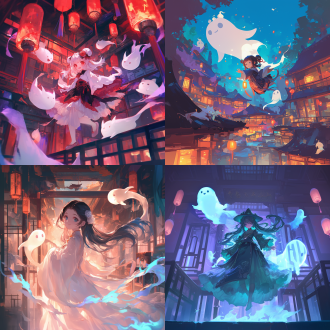 可爱小幽灵万圣节动漫中国风，中式建筑，可爱面容，飘动的布，动漫风格，冷色调，顶光，悬浮，神秘。