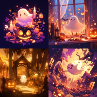 可爱小幽灵在万圣节场景，动漫风格，中心构图，暗色调，南瓜灯元素，虚幻环境，柔和光线，漂浮动作，呆萌。