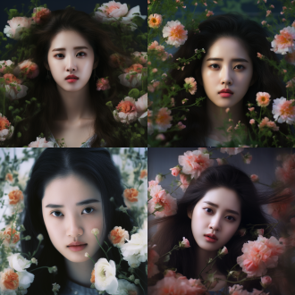 刘亦菲精致五官特写被鲜花环绕，中心构图，柔和色调，人像模式，浅景深，顺光，安静表情，花朵元素，高清晰度，唯美。