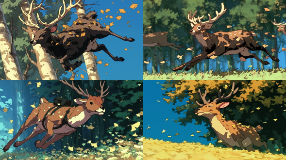 银杏林中奔跑的梅花鹿，宫崎骏风格，树叶飘落，自然光，柔和色调，长焦镜头，动态模糊，宁静，生机。