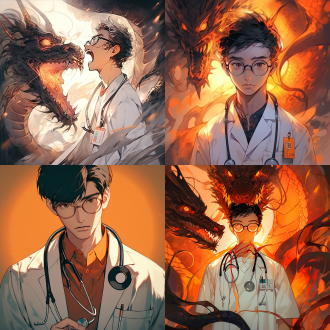 年轻中国男医生，圆框眼镜，白色医生服，听诊器，半身像，背景医学怪物张大口，细胞点缀，光感强烈，橙色调，特写镜头，侧光，紧张氛围，专业形象。