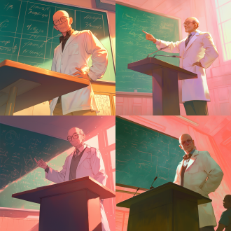 中年男教师，光顶小鸵背，圆眼镜，白衬工作服，双手后背，讲坛前，浅青绿黑板，数学公式，强烈光感，窗外粉色光，室内暖红渐变，正面半身，手扶眼镜，教育场景，专注表情，学术氛围，柔和光线，知识传递。