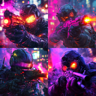 未来士兵，正面特写，科幻激光枪，金属铠甲，防弹衣，左手盾，防目镜反光，战后城市背景，战车残骸，敌人冒烟，紫色红色黄色光火，战争场景，高对比度，冷色调，广角镜头，侧光，动态模糊，紧张氛围。