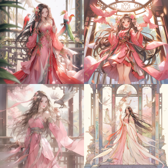 古风长发少女，画面左三分之一，正面全身，粉色衣裙，左手倒持长剑，右手掌中托着色彩斑斓的小鸟，面带微笑，背景为中式窗框，人物突出，细节丰富，柔和光线，暖色调，广角镜头，自然光，动态捕捉，和谐，喜悦。