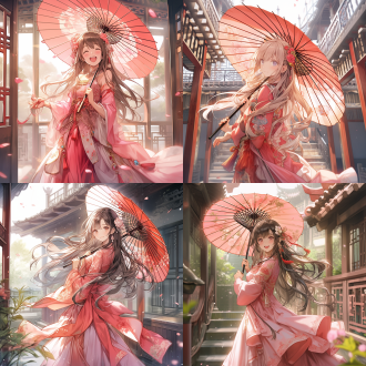 古风少女，全身正面，长发飘逸，粉色衣裙，左手倒花，右手纸伞，中式小院，窗框前，中式拦栅，温馨色彩，自然光，和谐画面，三分一构图，广角镜头，柔和光线，丰富色彩，快乐表情。