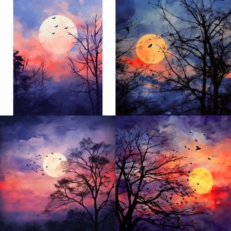 树梢上的几片叶子，几只小鸟站在树梢，剪影，水彩风格，光线柔和，流云，中间黄边上红明月挂背景正中，上钴蓝，紫，红，强对比，水分流鎏，构图平衡，自然环境，长焦镜头，逆光，慢快门，宁静，梦幻。