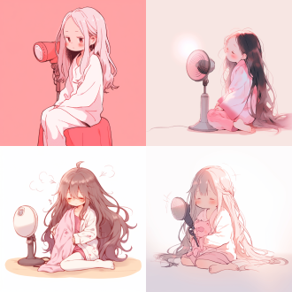 极简单漫画风格，吹头发，穿睡衣，长发小女孩，盘腿坐，粉色，背景渐变白，柔和色调，高光，广角镜头，侧光，静态，温馨。