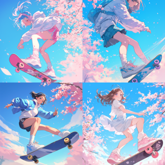 樱花纷飞背景，粉蓝调，时尚运动少女，脚踏滑板，正面透视，柔和暖光，动态捕捉，广角镜头，高饱和度，春日氛围，青春活力。