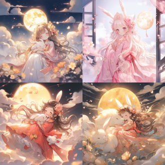 飞天仙女，金黄色明月，萌兔，裙带飘飘，星星小花，白云彩虹，粉色温馨，中国古典色彩，三分一画面，广角镜头，柔和光线，浪漫氛围，仙女微笑，萌兔好奇，高对比度，古典服饰，飘逸长发，梦幻场景。