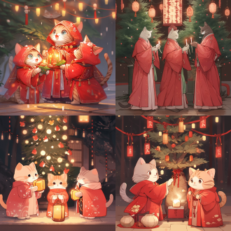 三只猫，一只公，一只母，全身穿红色中国袍。手拿红包，拱手礼。一只小的在中间，背景是一挂满灯和小小礼品的圣诞树，粉红，浅绿。光线和谐谐