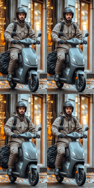 城市街道，外卖小哥骑电瓶车