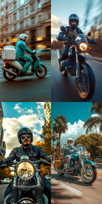 外卖员骑着摩托车，中央构图，摩托车行驶在城市街道上，蓝天白云，午后阳光，轻快驾驶，运动感，动态模糊，冷色调，高角度俯视，骑手穿制服，坚毅坚定。